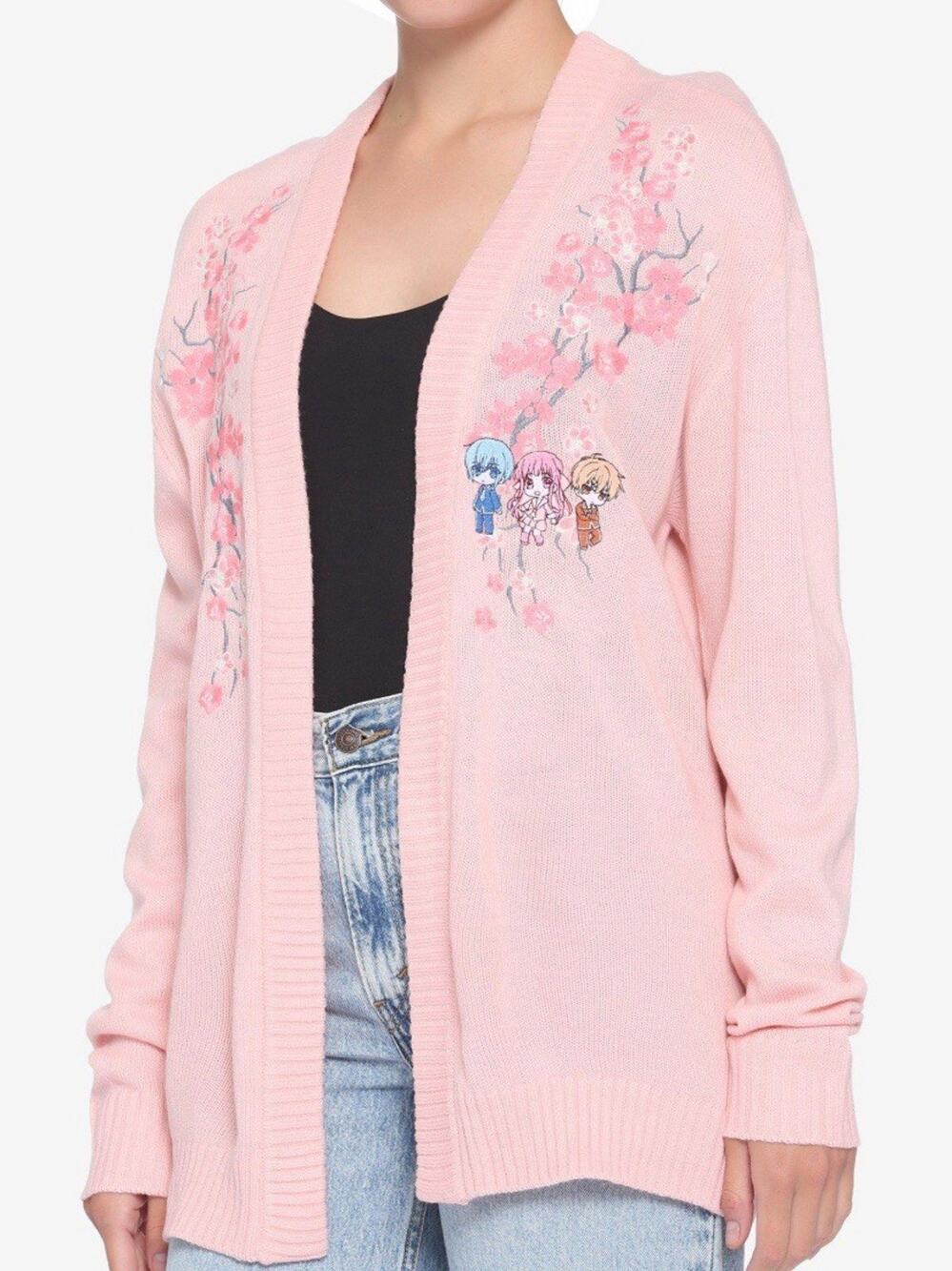 Hot Topic Fruits Basket Size Small Cardigan Embroidered Knit Sweater Pastel Pink